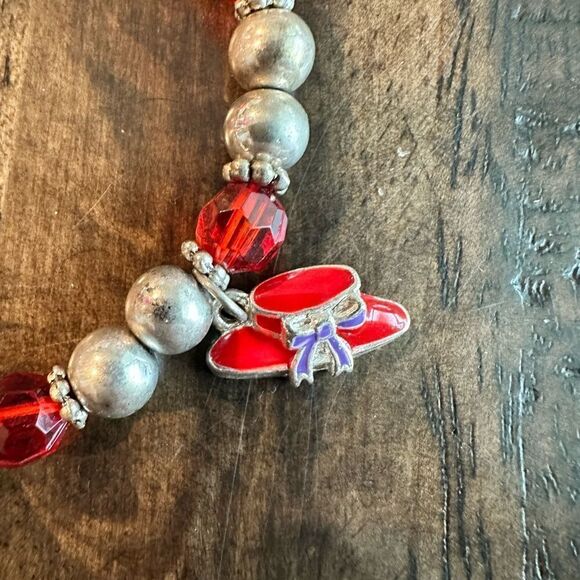 Vintage - Red Hat Society Stretch Bracelet with Red Had Charm - Silver Beads - Picture 2 of 3